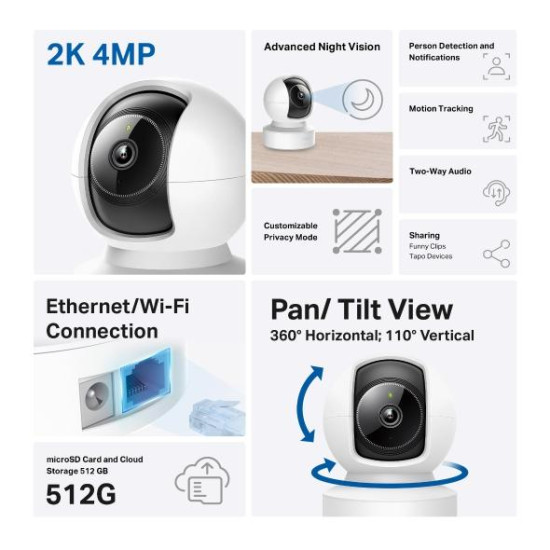 IP dome camera TP-Link Tapo C222, 2560x1440@30fps, Pan/Tilt, H.264, microSD, Wi-Fi, audio, RJ-45