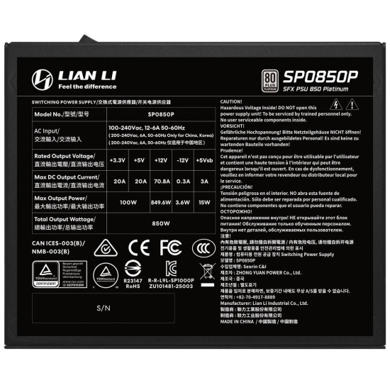 Power Supply Lian Li SP850 Black 850W 80+ Platinum PCIe 5.1, ATX 3.1