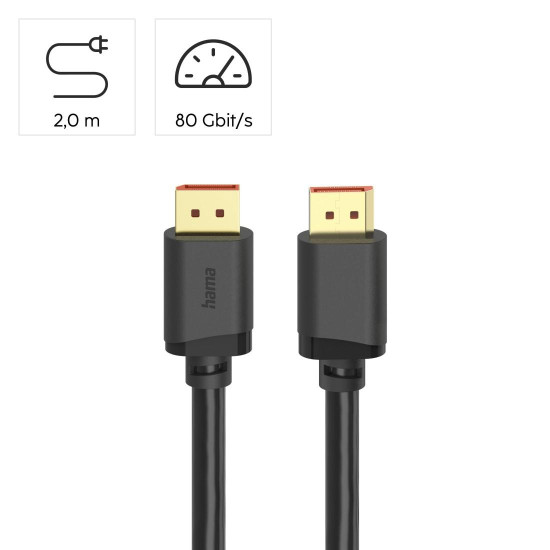 HAMA Кабел DisplayPort, DP 2.1, Ultra-HD 16K, 80 Gbit/s, 2 m