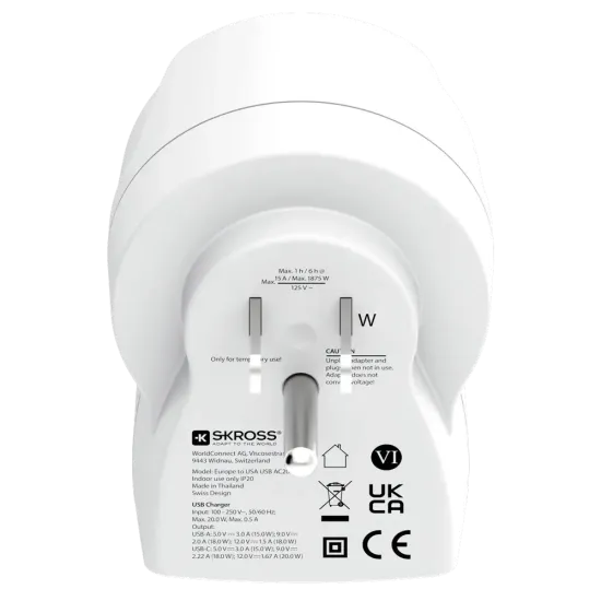 Skross универсален адаптер Europe to USA+1xUSB A/C, 20W , 1500284E