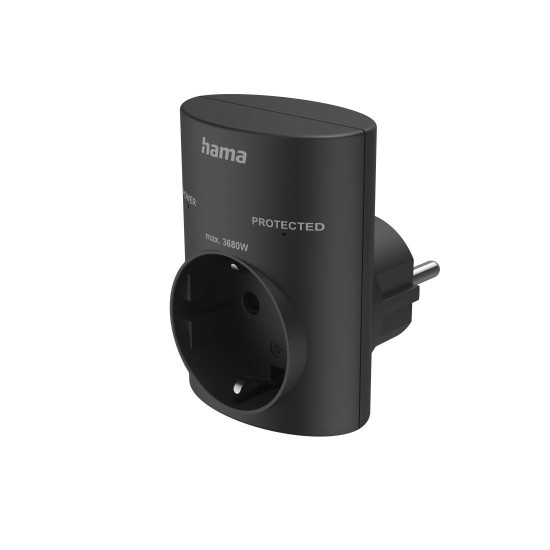 Hama Socket Adapter, Earthed Contact, Overvoltage Protect., Mains Voltage, black