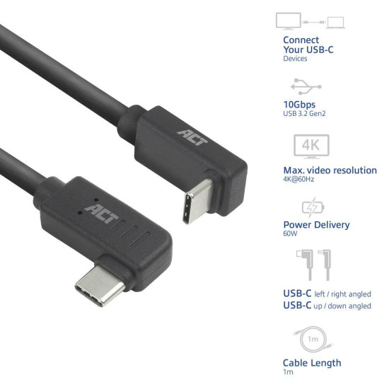 ACT Кабел USB-C - USB-C, 10Gbps, 60W, 1 m, конектори 90° left/right, up/down angled