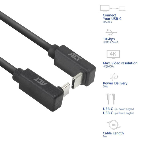 ACT Cable USB-C 10Gbps, 60W, 1m, 90° up/down angled connectors
