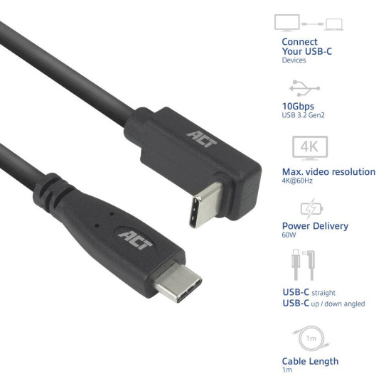 ACT Cable USB-C - USB-C, 10Gbps, 60W, 1 m, connectors - one straight and one 90° up/down angled