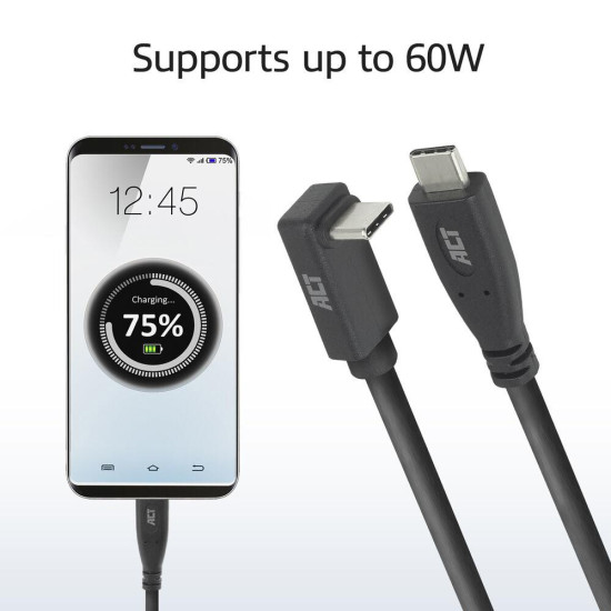 ACT Cable USB-C - USB-C, 10Gbps, 60W, 1 m, connectors - one straight and one 90° up/down angled
