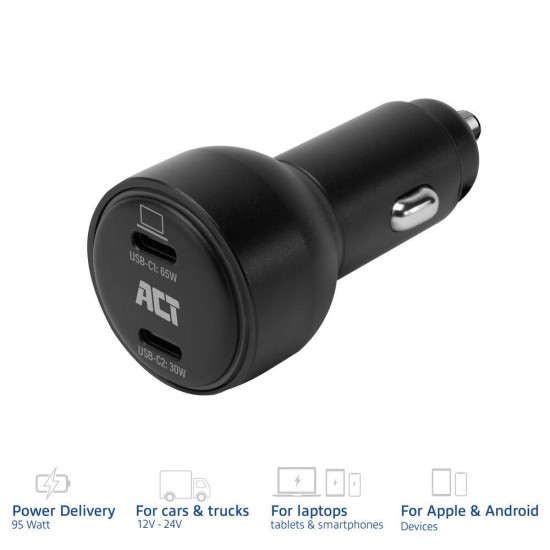 ACT Бързо зарядно за кола 95W 2x USB-C, PD, GAN, 12-24V