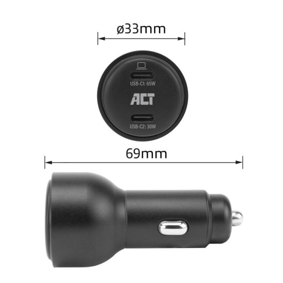 ACT Бързо зарядно за кола 95W 2x USB-C, PD, GAN, 12-24V