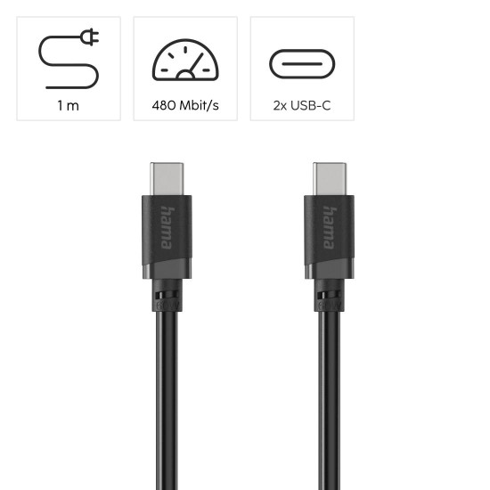 Hama Charging Cable, USB-C - USB-C, 60 W, 1 m, black