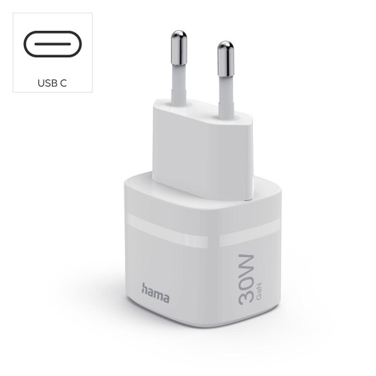 Hama Fast Charger, GaN, USB-C, PD/Qualcomm®, Zero Standby, 30 W, white
