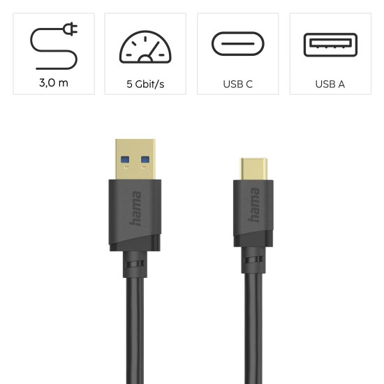 Hama USB Cable, USB-A Plug – USB-C Plug, USB 3.2 Gen 1, 5 Gbit/s, 3 m