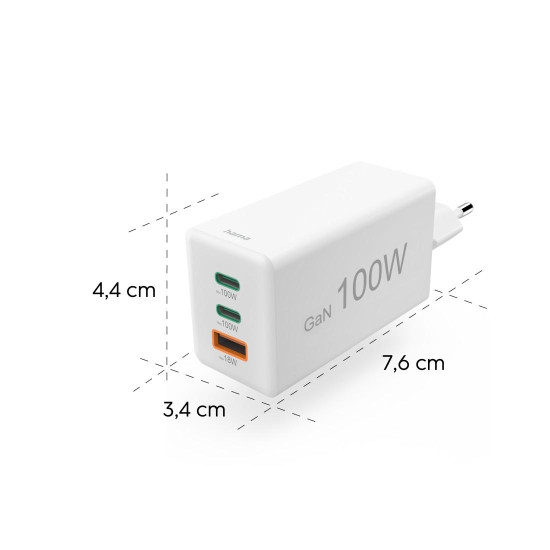 Hama Fast Charger with USB-C Charging Cable, for Laptop, PD, 100 W, 1.5 m, white