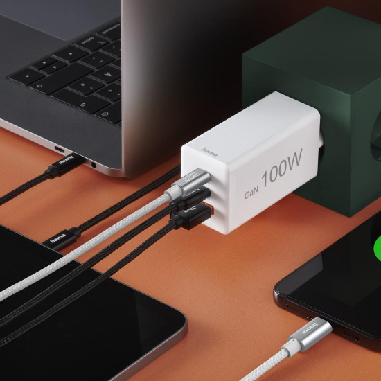 Hama Fast Charger with USB-C Charging Cable, for Laptop, PD, 100 W, 1.5 m, white
