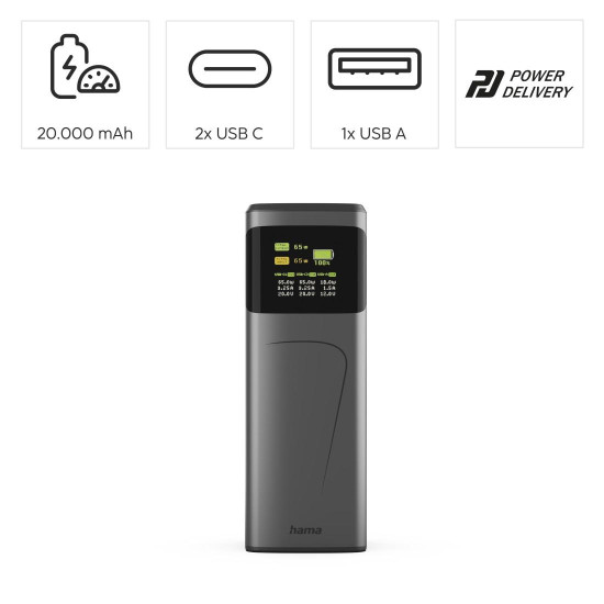 Hama “High Power” Power Pack, 65 W, 20000 mAh, 2x USB-C, USB-A, Fast Charging