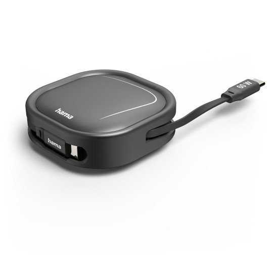 Hama Retractable Charging Cable, USB-C - USB-C, 60 W, 1 m