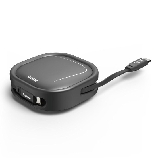 Hama Retractable Charging Cable, USB-C - USB-C, 60 W, 1 m