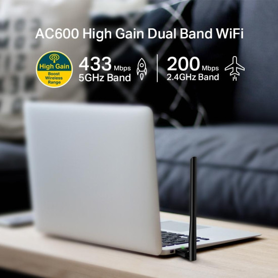 Wireless Adapter TP-LINK Archer T2U PLUS, AC600, Dual band, USB, externel antenna 5 dBi