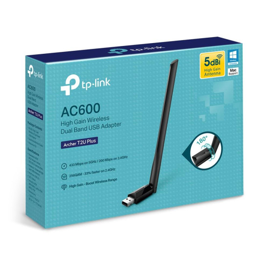 Wireless Adapter TP-LINK Archer T2U PLUS, AC600, Dual band, USB, externel antenna 5 dBi