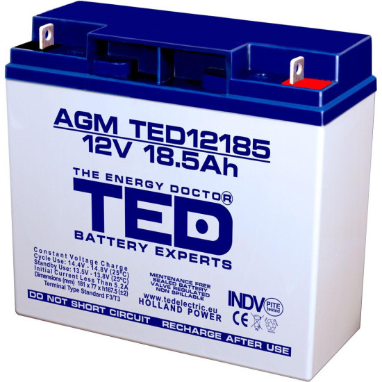 Lead Battery TED ELECTRIC 12V / 18.5Ah - 181 / 76 / 167mm AGM