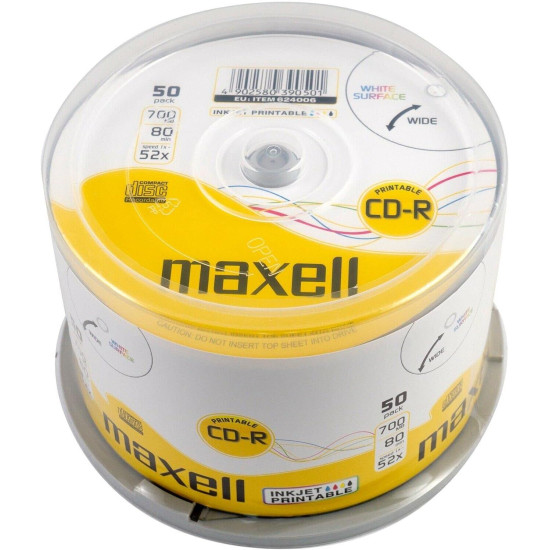 CD-R80 50 pk PRINTABLE MAXELL 52 speed cake box
