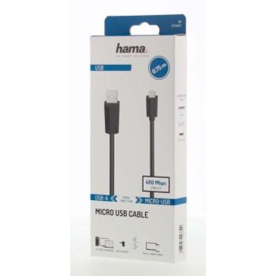 Hama Micro-USB Cable, USB 2.0, 480 Mbit/s, 0.75 m