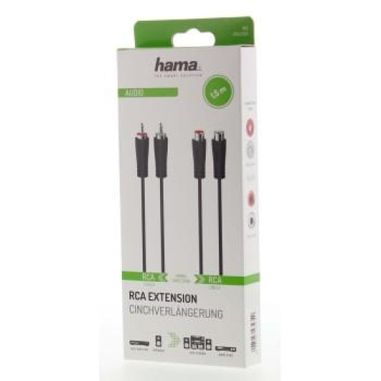 Audio Extension Cable HAMA 2 RCA Male Plugs - 2 RCA Female Jacks, 1.5 m