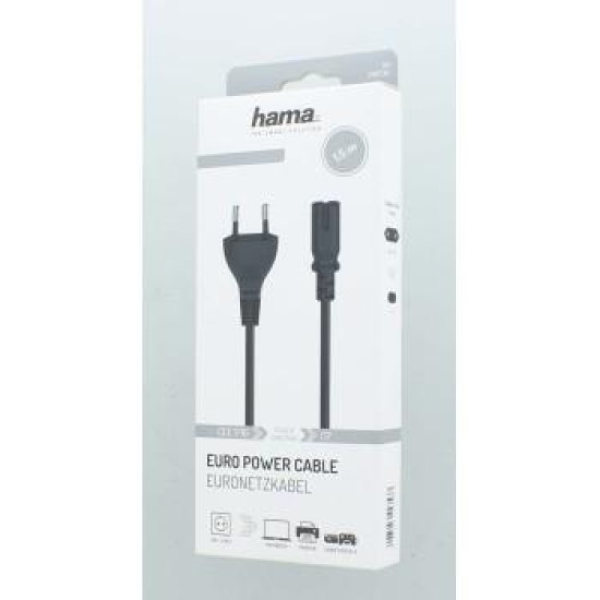 Hama Mains Cable, Euro Plug - 2-Pin Socket (Double Groove), 1.5 m