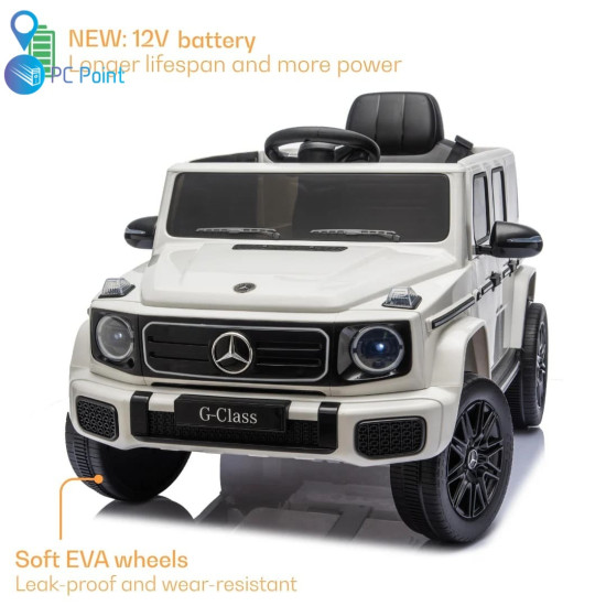 Лицензиран Акумулаторен джип Mercedes G 580 AMG Premium 12V/7Ah,70W ,MP3 плейър, Кожена седалка, EVA меки гуми, Металик боя 2026 г.