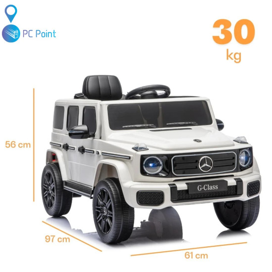 Лицензиран Акумулаторен джип Mercedes G 580 AMG Premium 12V/7Ah,70W ,MP3 плейър, Кожена седалка, EVA меки гуми, Металик боя 2026 г.