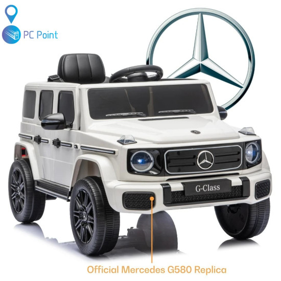 Лицензиран Акумулаторен джип Mercedes G 580 AMG Premium 12V/7Ah,70W ,MP3 плейър, Кожена седалка, EVA меки гуми, Металик боя 2026 г.