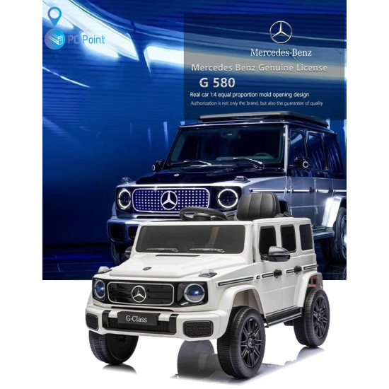Лицензиран Акумулаторен джип Mercedes G 580 AMG Premium 12V/7Ah,70W ,MP3 плейър, Кожена седалка, EVA меки гуми, Металик боя 2026 г.