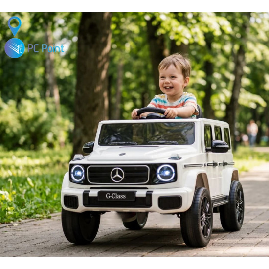 Лицензиран Акумулаторен джип Mercedes G 580 AMG Premium 12V/7Ah,70W ,MP3 плейър, Кожена седалка, EVA меки гуми, Металик боя 2026 г.